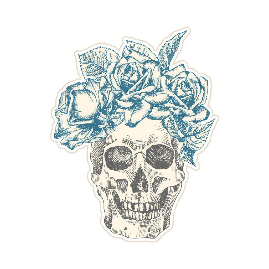 جمجمه انسان با برچسب قدیمی و تاج گل های رز. سبک کلاژ هنری و فرهنگ زین. مفهوم فروشگاه آرایشگاه هیپستر. طراحی روی تیشرت و تتو، طرح دستی واقع‌گرایانه از سر اسکلت.