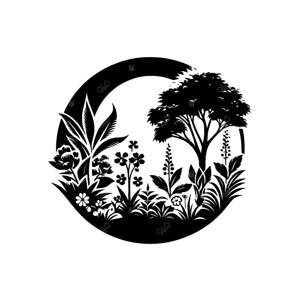 باغی مدور و تک‌رنگ: یک درخت و گل‌ها و شاخ و برگ‌های متنوع درون حلقه‌ای سیاه، نمایشگر ظرافت طبیعی.