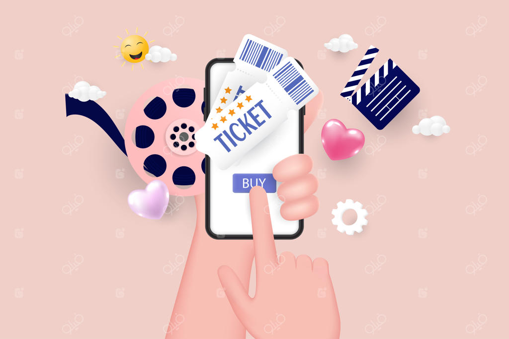 طرح سه‌بعدی دست در حال نگه داشتن موبایل با مفهوم سفارش بلیط سینما آنلاین