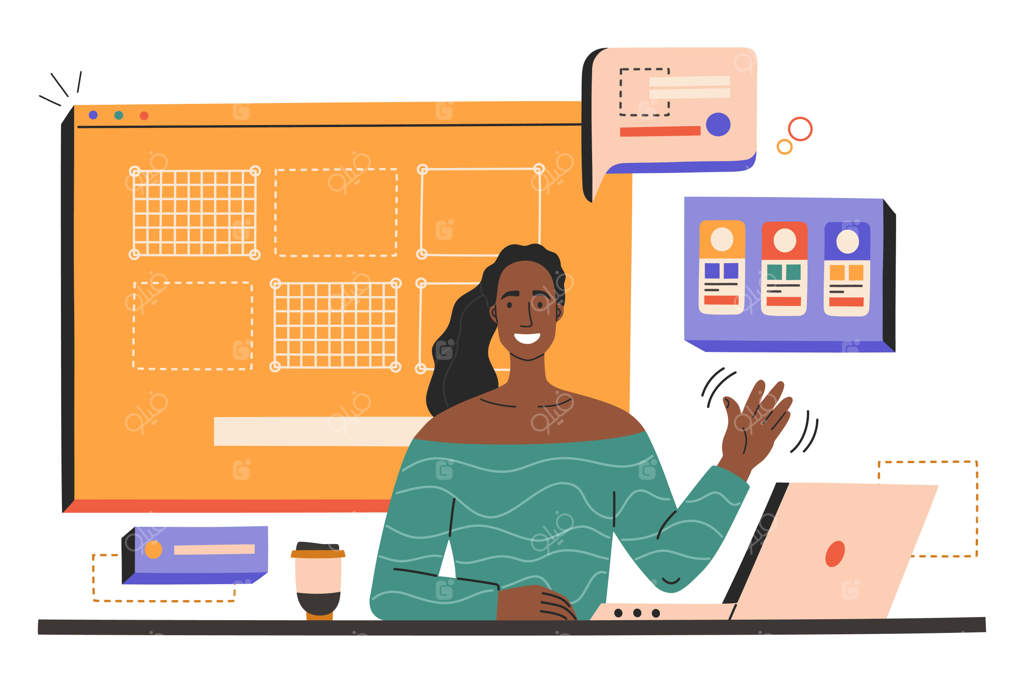 زن جوان خوشحال با لپ‌تاپ در محیط کار طراحی وب انجام می‌دهد