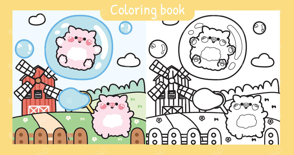 کتاب رنگ‌آمیزی: کتاب نقاشی برای کودکان. بچه خوکی زیبا در حال بازی با حباب صابون در باغ خانه مزرعه. خوک کوچولو در حبابی بر روی آسمان قرار دارد. کاراکتر حیوان مزرعه به صورت کارتونی و بامزه. تصویرسازی.