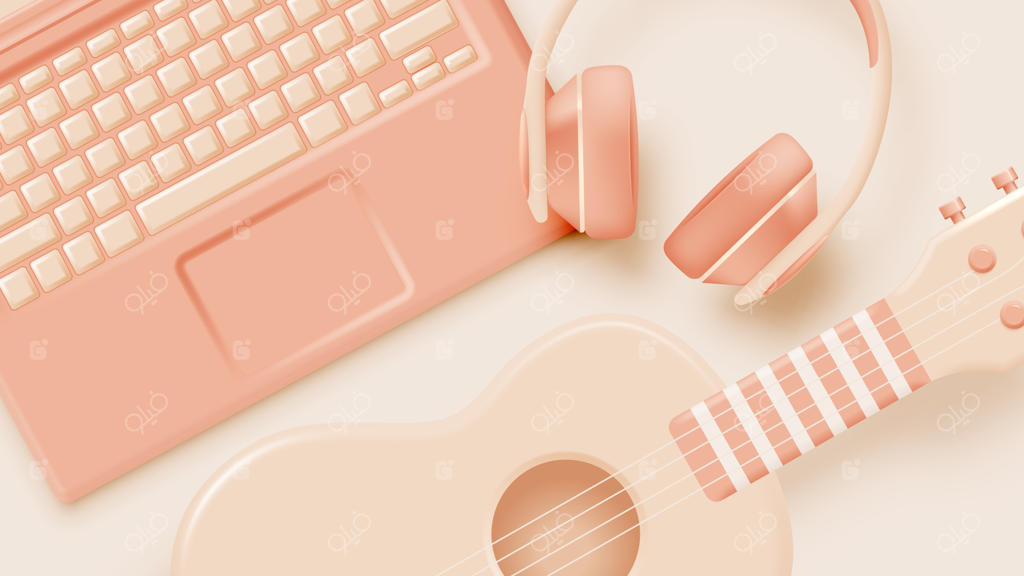 گیتار یا یوکللی با نت‌های موسیقی، ملودی یا آهنگ به صورت وکتور سه‌بعدی واقع‌گرایانه