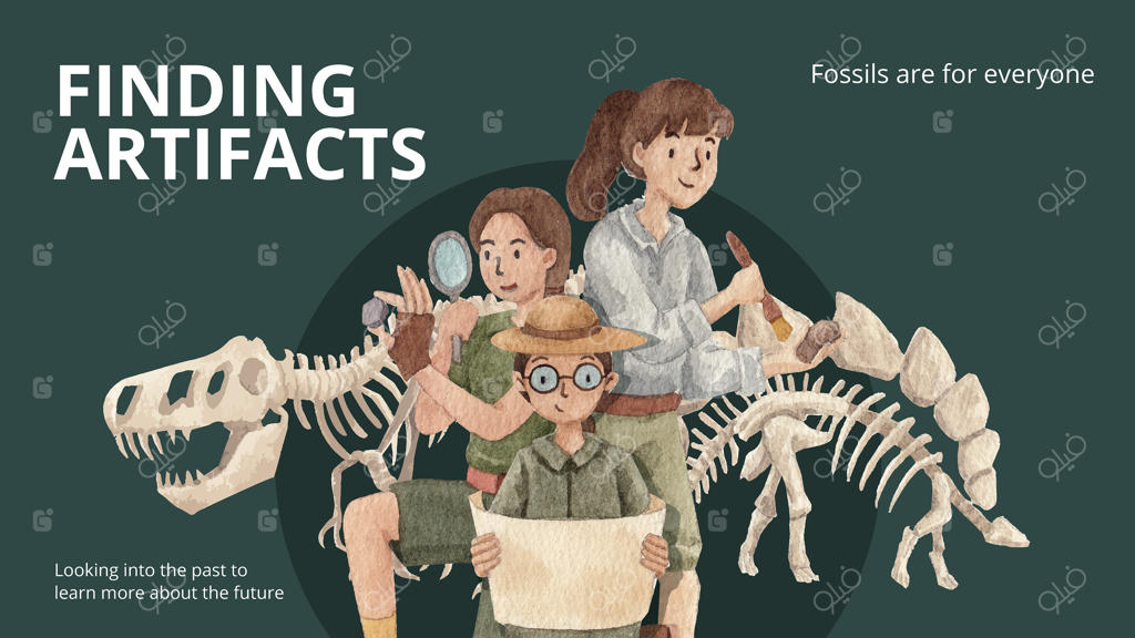 الگوی بنر وبلاگ با مفهوم باستان‌شناسی فسیل به سبک آبرنگی