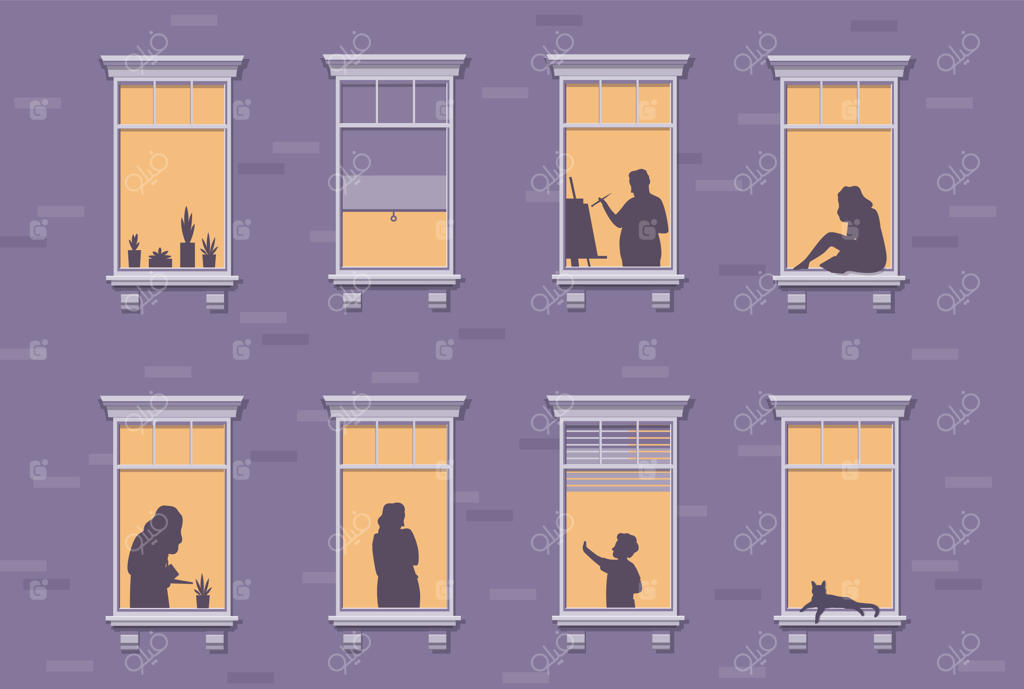 شخصیت‌های همسایه: پنجره‌هایی با انسان‌هایی که در خانه ماندند، سایه‌های سیلوئت مرد و زن از پنجره، انسان‌های داخل آپارتمان در شب، مفهوم برداری دوران قرنطینه در دوران همه‌گیری کووید-۱۹