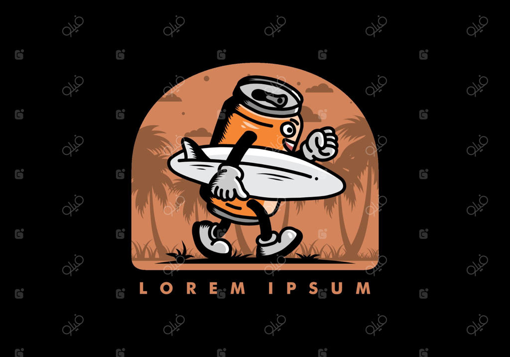 تصویر یک قوطی نوشیدنی در حال نگه‌داری یک تخته موج‌سواری