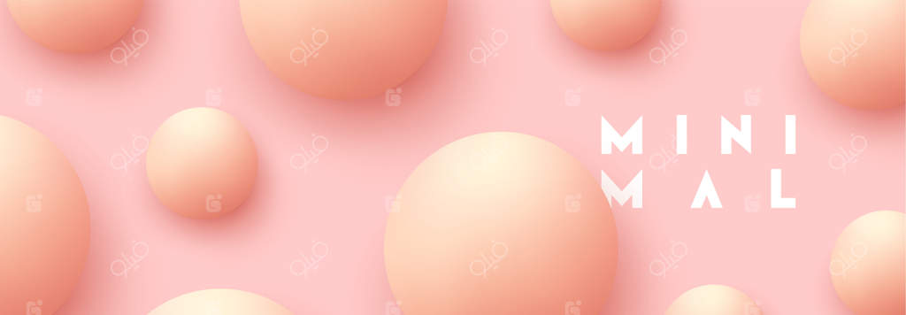 طراحی مینیمال: کره‌های سه‌بعدی واقعی. پس‌زمینه انتزاعی. پترن اشیای هندسی دایره‌ای. توپ‌های گرد به رنگ صورتی ملایم. پوستر افقی مدرن برای وب‌سایت. تصویر برداری پنل یا بنر.