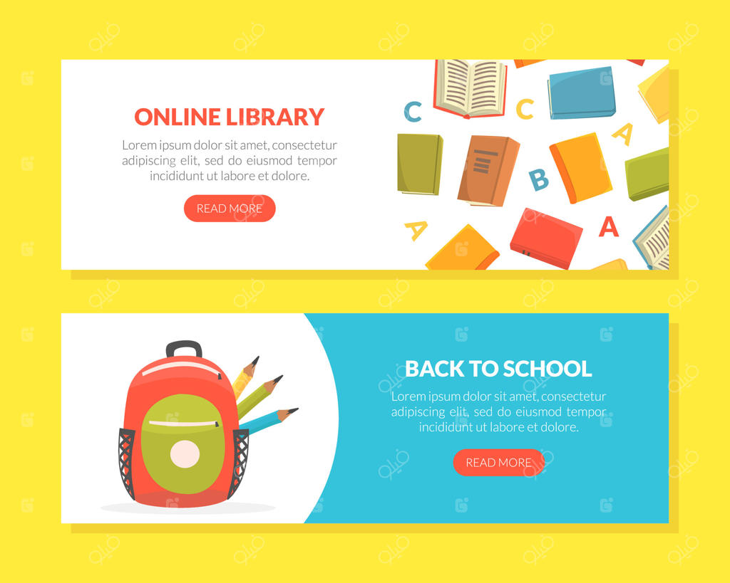 کتابخانه آنلاین، مجموعه قالب‌های صفحه فرود بازگشت به مدرسه، آموزش، یادگیری الکترونیکی، برنامه مطالعه برای کودکان همراه با تصویرسازی وب‌سایت