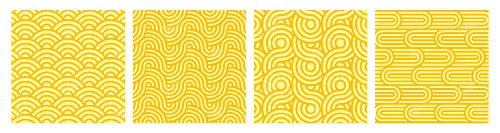 مجموعه پس‌زمینه‌های طرح نودل رامن زرد؛ بافت بدون درز اسپاگتی، پاستا یا غذای آسیایی با خطوط موج‌دار هندسی؛ پوسترهای غذای ایتالیایی با نوارهای منحنی تکرارشونده