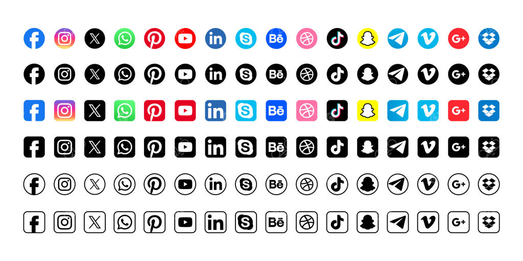 مجموعه وکتور آیکون‌های محبوب شبکه‌های اجتماعی شامل فیسبوک، اینستاگرام، ایکس، یوتیوب و واتساپ