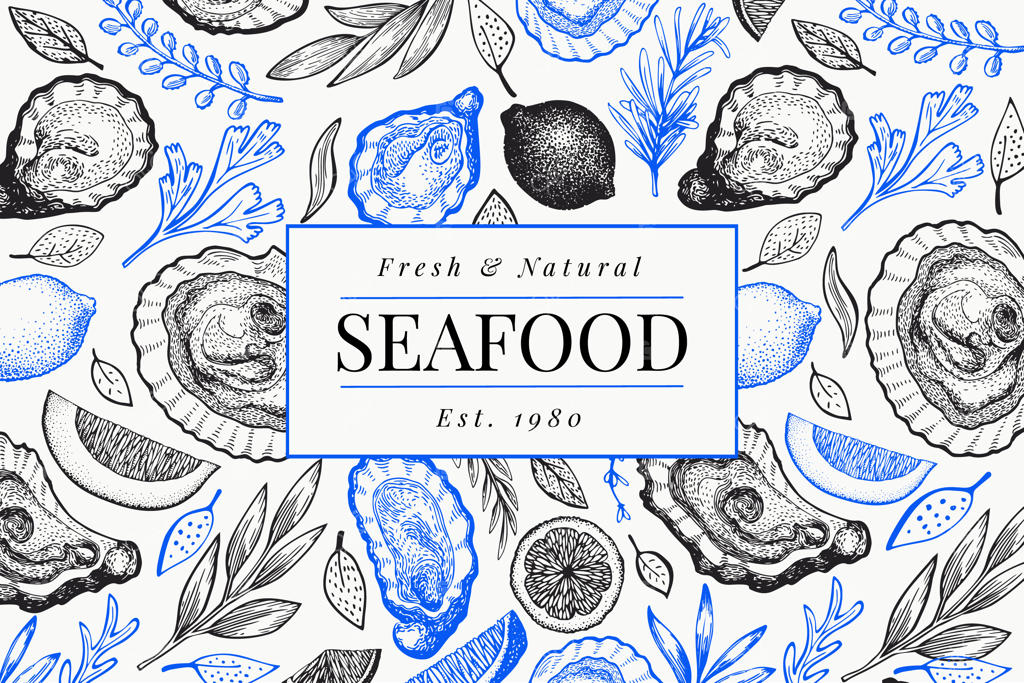 الگوی طراحی صدف و ادویه‌جات. تصویرسازی دستی. بنر غذاهای دریایی.