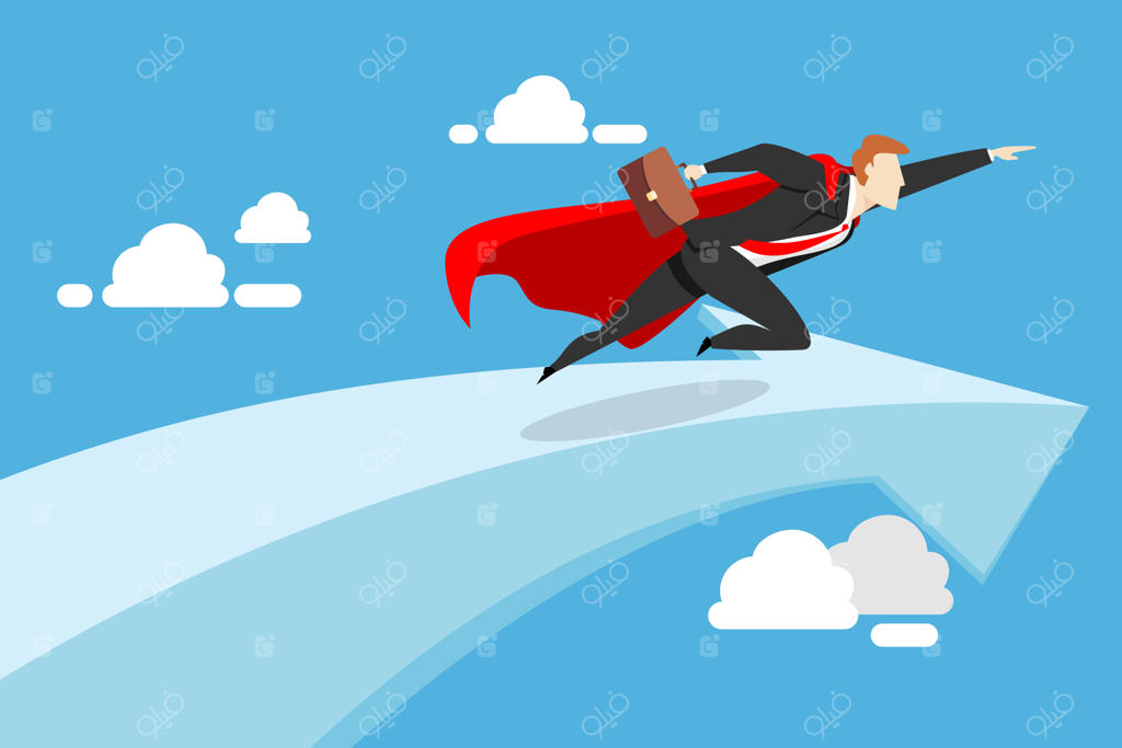 تاجر در حال صعود بر روی پیکان موفقیت