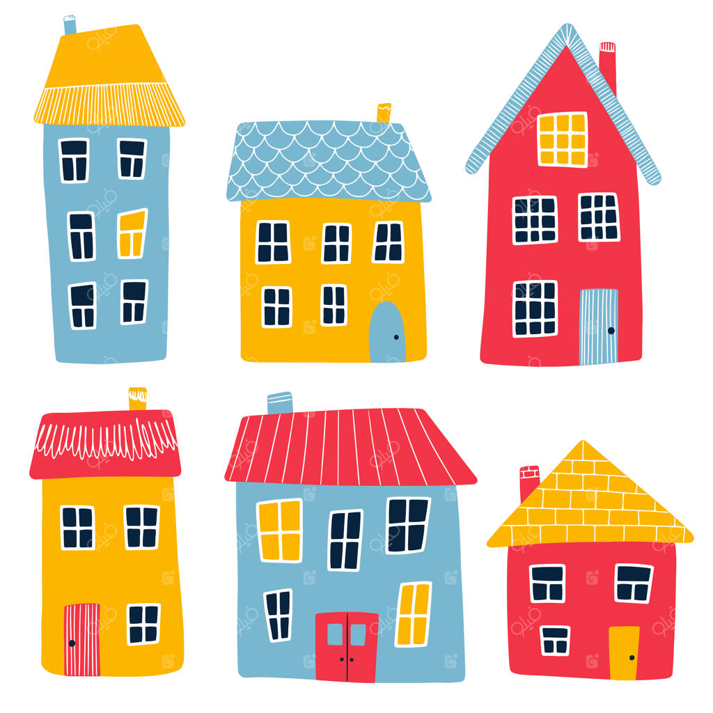 تصویرسازی وکتور خانه‌های کارتونیِ رنگارنگ و ساده