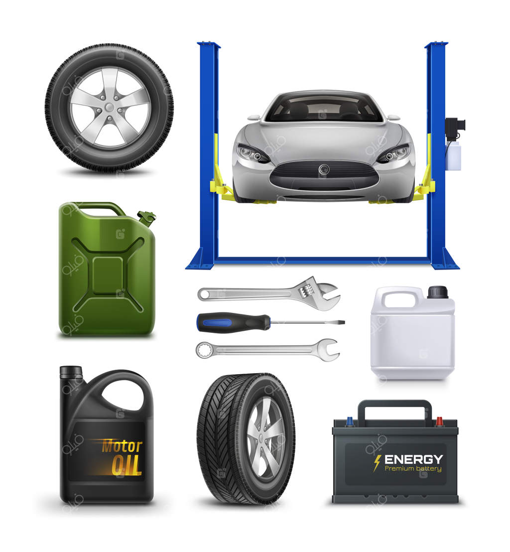 ست واقعی برای خدمات خودرو در زمینه سفید. مفهوم تبلیغات تعمیر و نگهداری خودرو.