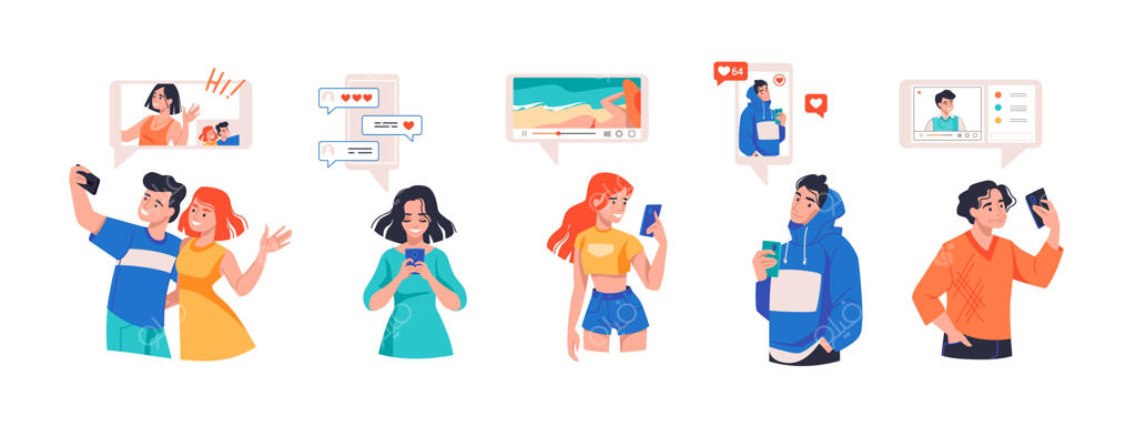 افراد با گوشی‌های هوشمند: نوجوانان کارتون از شبکه‌ها و پیام‌رسانی آنلاین استفاده می‌کنند، دوستان عکس‌ها و ویدیوها را به اشتراک می‌گذارند، بلاگرها محتوای رسانه‌های اجتماعی تولید می‌کنند، مردان و زنان با دستگاه‌ها در دست.