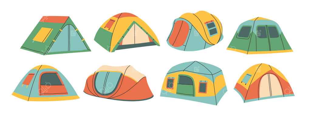مجموعه چادرهای کمپینگ: تصویر ساده و رنگارنگ از چادرهای گنبدی و A-فریم برای ماجراجویی در فضای باز، پیاده‌روی و کمپینگ. ایده‌ای برای سفر تابستانی، کاوش در حیات وحش و گردش در طبیعت