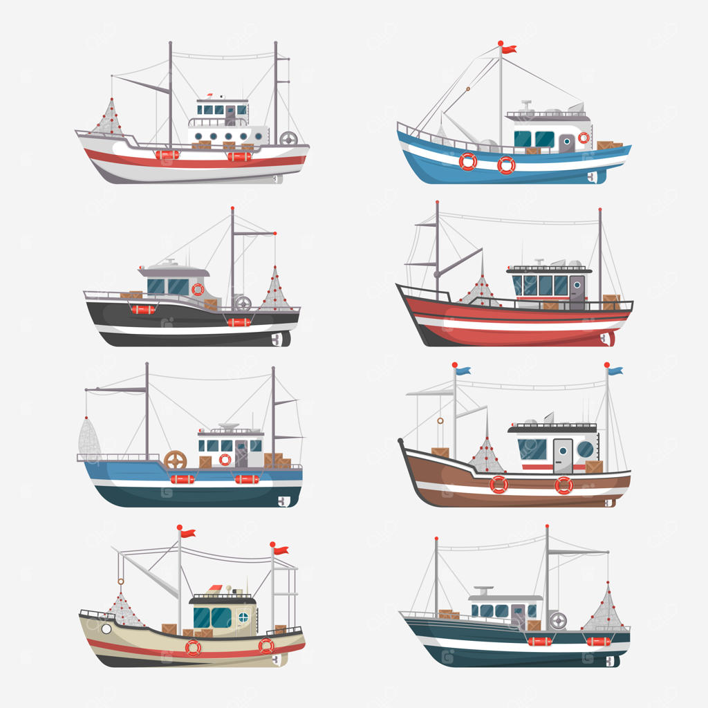 نمای کناری قایق‌های ماهیگیری روی پس‌زمینه سفید