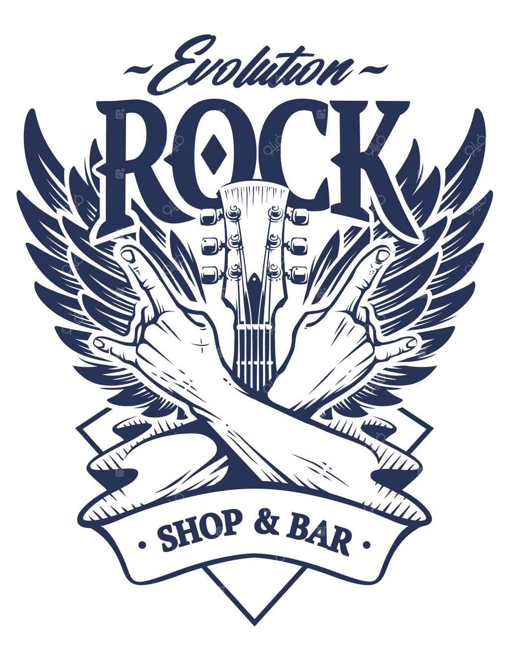 نشان راک با دست‌های به شکل ژست راک، دسته گیتار و بال‌ها. قالب نشان مشکی و سفید راک.
