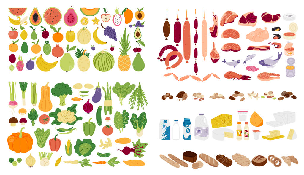 مجموعه‌ای از کالاهای مختلف خواربار در طراحی ساده و تخت