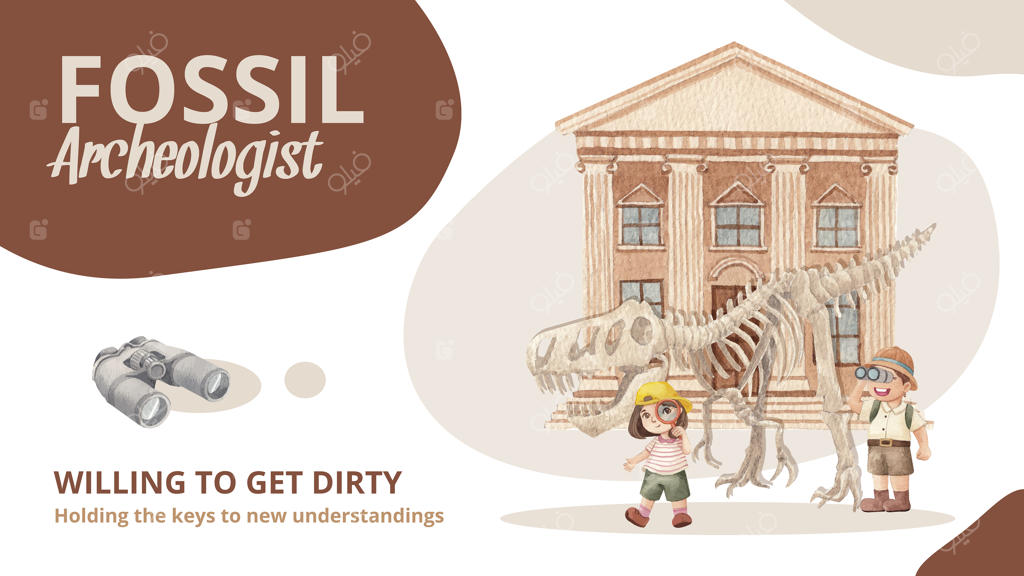 الگوی بنر وبلاگ با طرح باستان‌شناس فسیل به سبک آبرنگی