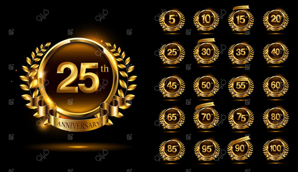 مجموعه لوگوهای جشن سالگرد با طراحی حلقه، روبان و تاج گل