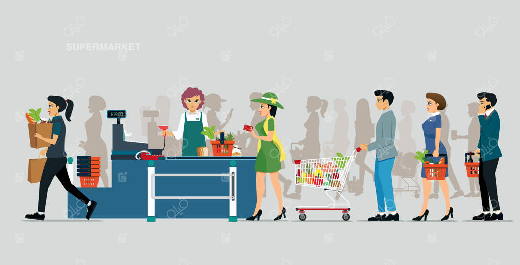 صندوقدار پرداخت با کارت را در سوپرمارکت‌ها پذیرفته و مشتریان در صف منتظرند