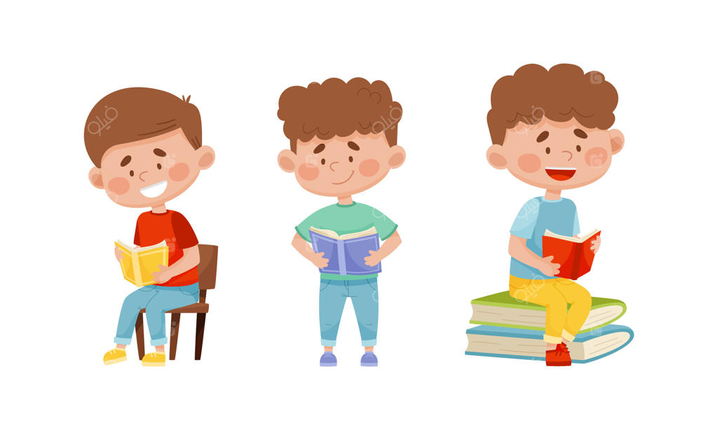 پسران بامزه کتاب‌خوان: مجموعه‌ای از دانش‌آموزان دبستانی با کتاب‌ها. تصویرسازی کارتونی آموزش کودکان
