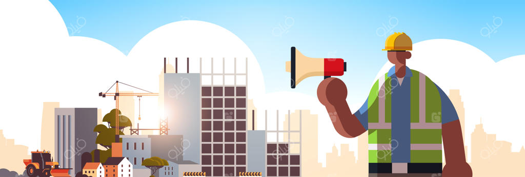 کارگر مرد با بلندگو: اعلامیه کارگر صنعتی در سایت ساختمانی، مردی با یونیفورم در حال کار و استفاده از مگافن برای اطلاع‌رسانی