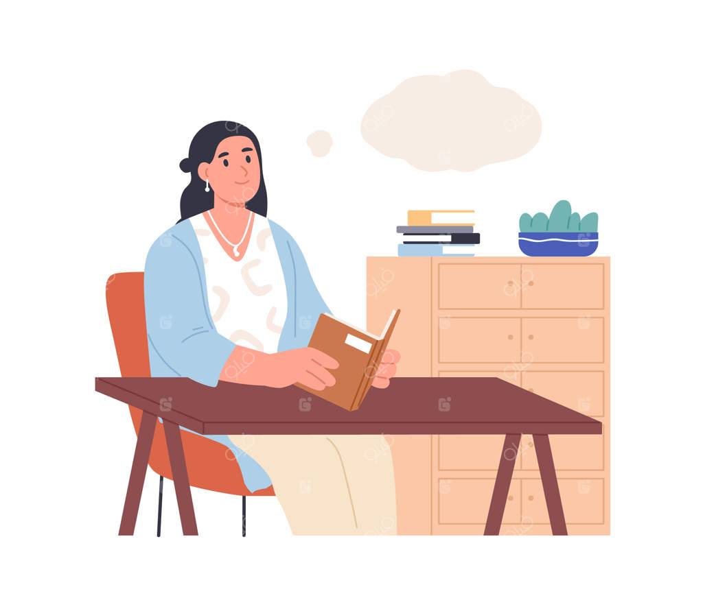 خواندن کتاب و خیال‌پردازی. زن خیال‌پرداز در حال مطالعه و تصور کردن. ذهن در حباب فکر. خواننده زن خوشحال. تصویرسازی مسطح وکتوری روی زمینه سفید.