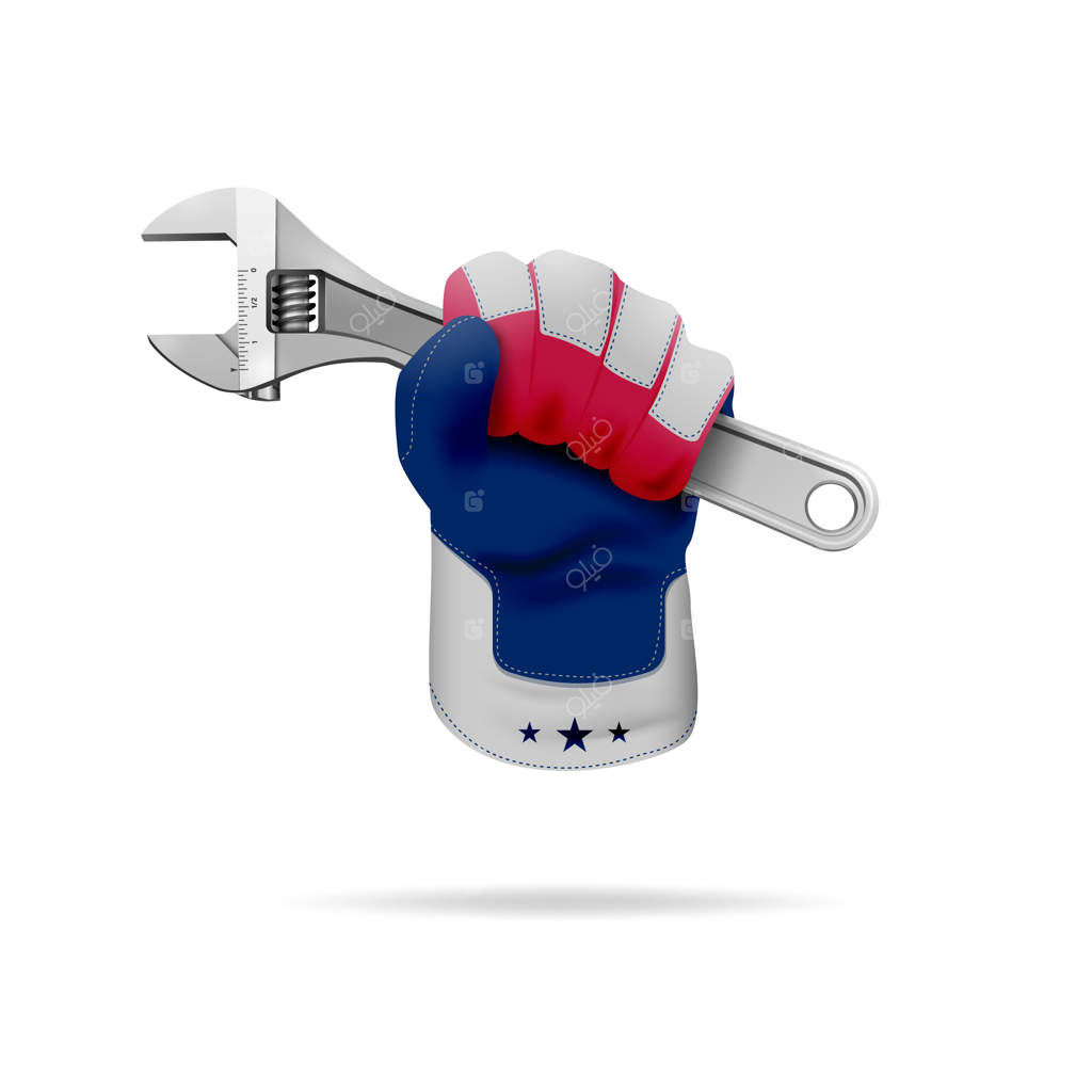 دستی با دستکش کار میهن‌پرستانه، یک آچار قابل تنظیم را نگه‌ داشته است.