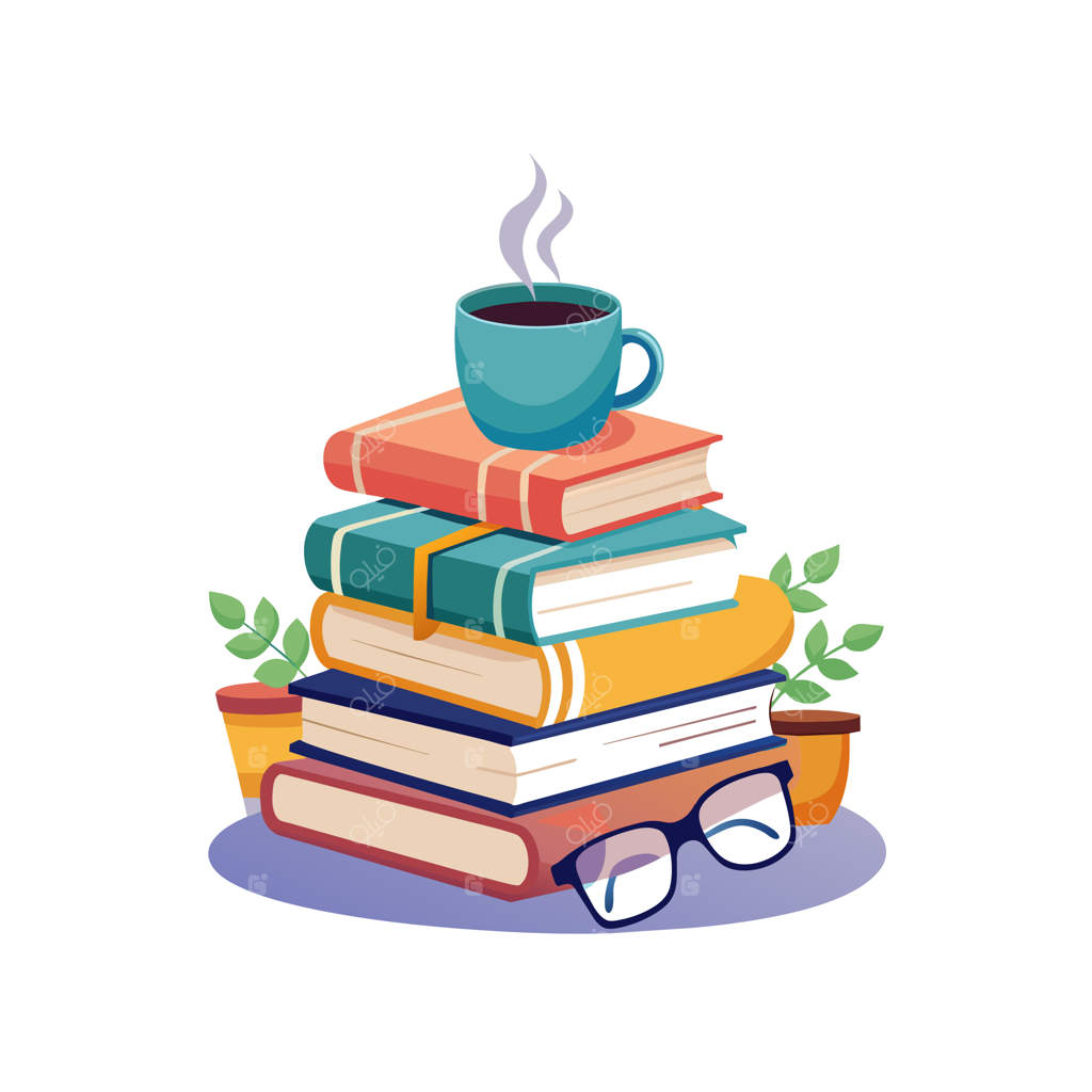 یک دسته کتاب با یک فنجان قهوه و کتابی روی آن‌ها