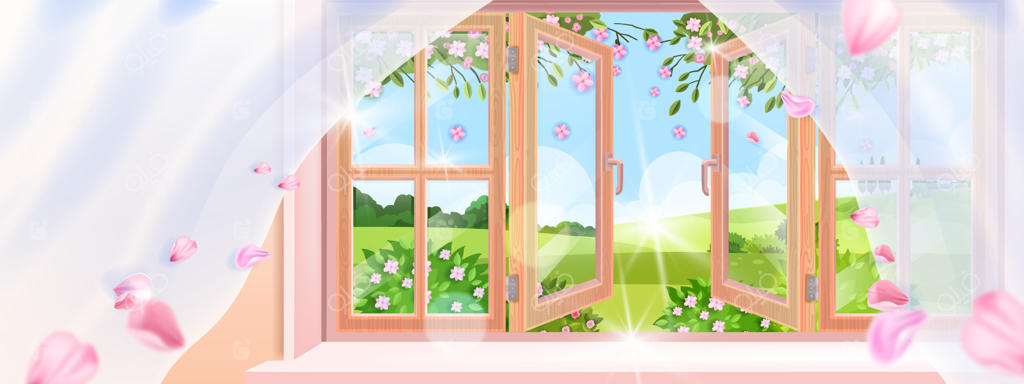 نمای پنجره خانه روستایی در بهار، منظره روستا، بوته‌های شکوفه‌دار، گلبرگ‌های ساکورا، قاب چوبی.