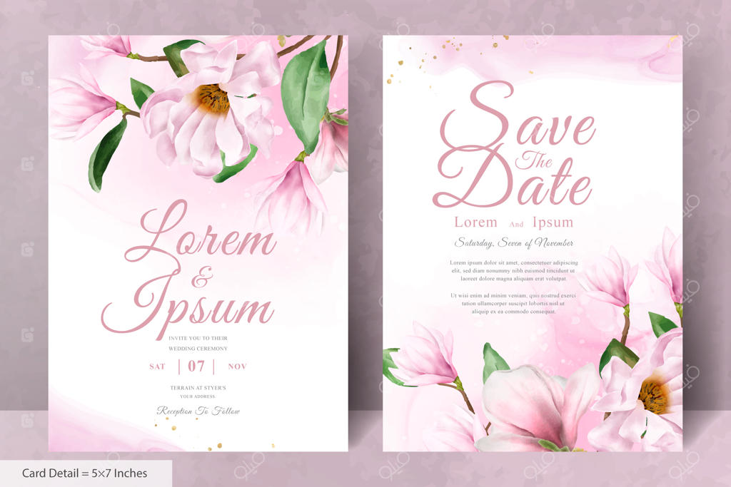 قالب کارت دعوت عروسی با طرح چیدمان گل ماگنولیا شیک