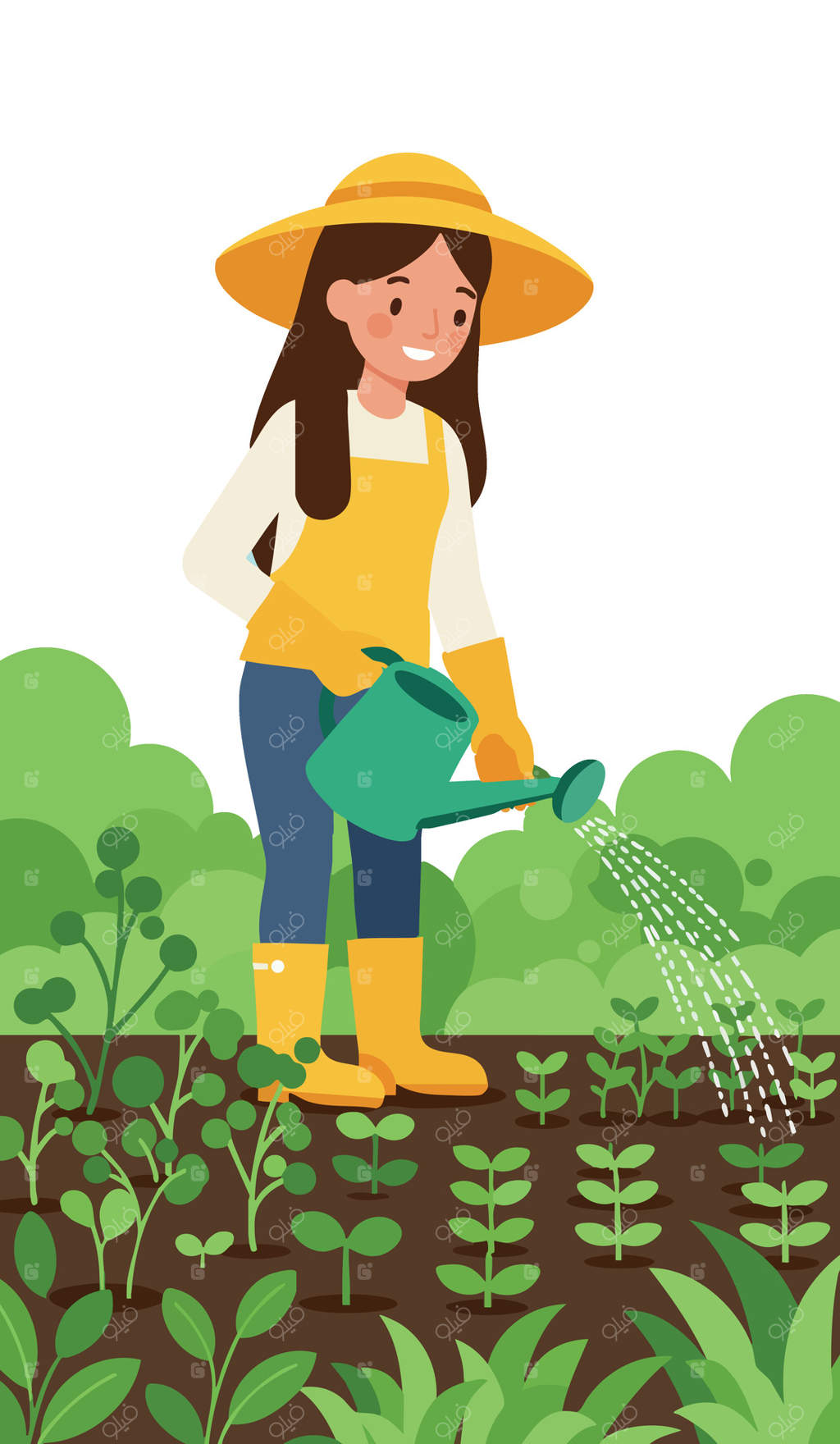 تصویر زنی با کلاه و بوت زرد در حال آبیاری گیاهان در باغچه