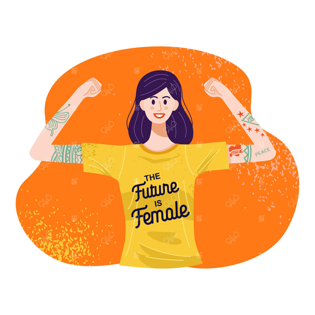 مفهوم آینده زنانه است - تصویر زنی با خالکوبی و دستان بلند شده.