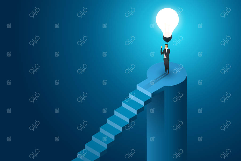 مرد تاجر زیر لامپ: مفهوم خلاقیت، راه‌حل و چشم‌انداز، جاه‌طلبی و موفقیت. تصویر ایزومتریک ساده