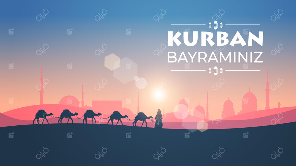 کاروان شترها در حال عبور از صحرا هنگام غروب آفتاب - کارت تبریک عید مبارک رمضان کریم - منظره افقی به سبک عربی - تصویر کامل