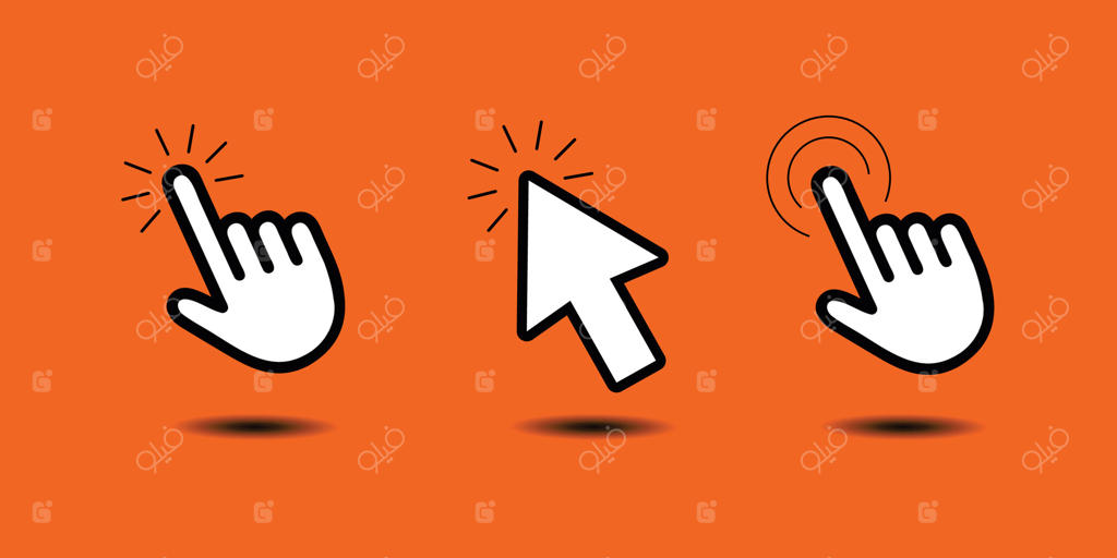 نشانگر موس کامپیوتر و علامت کلیک؛ مجموعه آیکون‌های اشاره‌گر، پیکان و دست در حال کلیک