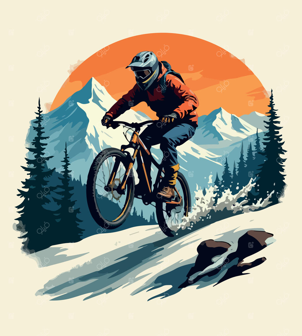طرح تیشرت دوچرخه‌سوار کوهستان با پس‌زمینه غروب