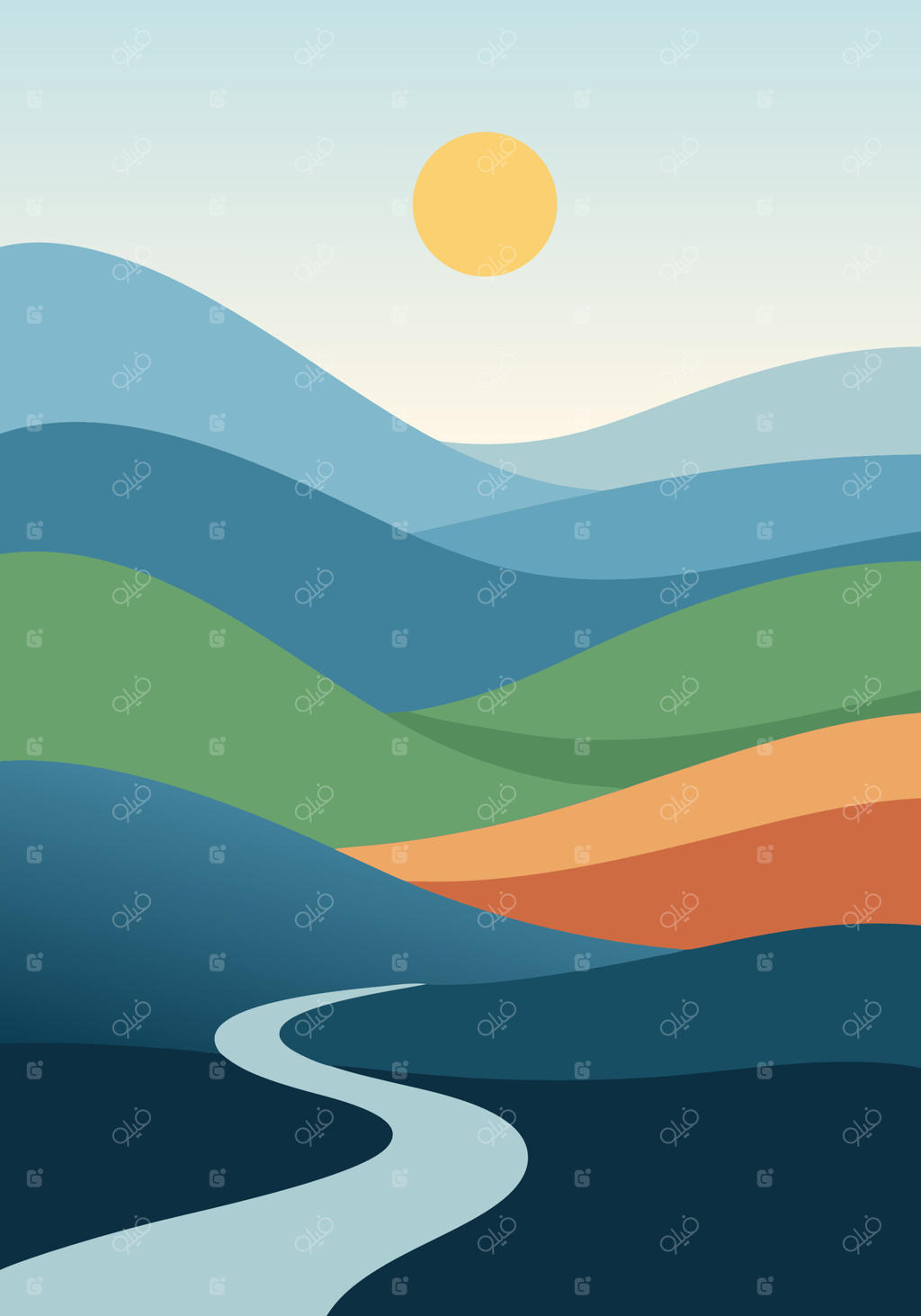 دره آرام با تپه‌های ماهور و رودخانه‌ای مارپیچ در زیر آفتاب گرم