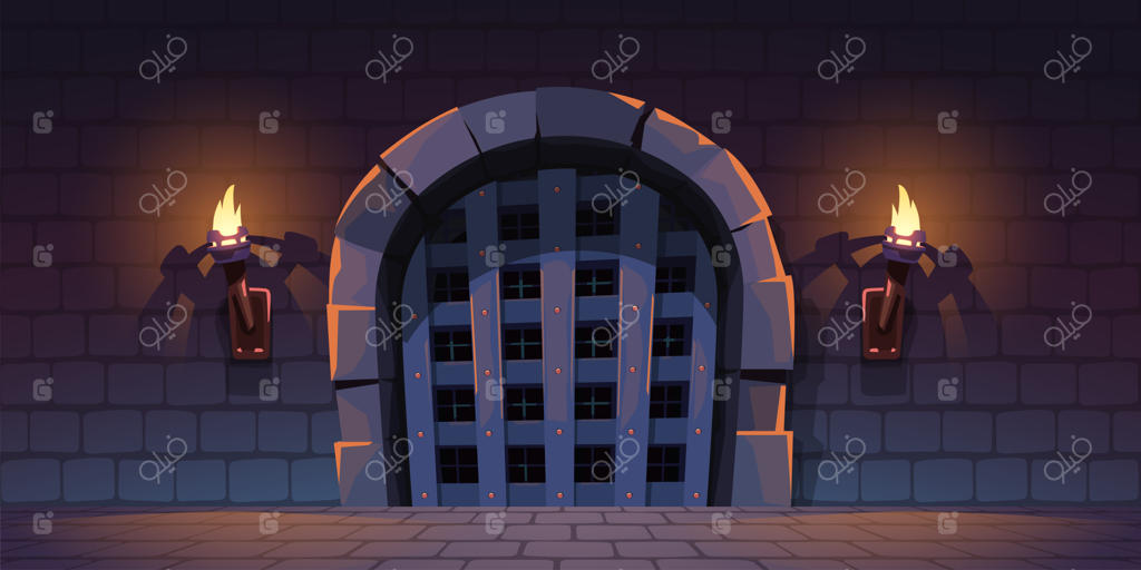 دروازه چوبی طاق‌دار قرون وسطایی با مشعل‌های شعله‌ور