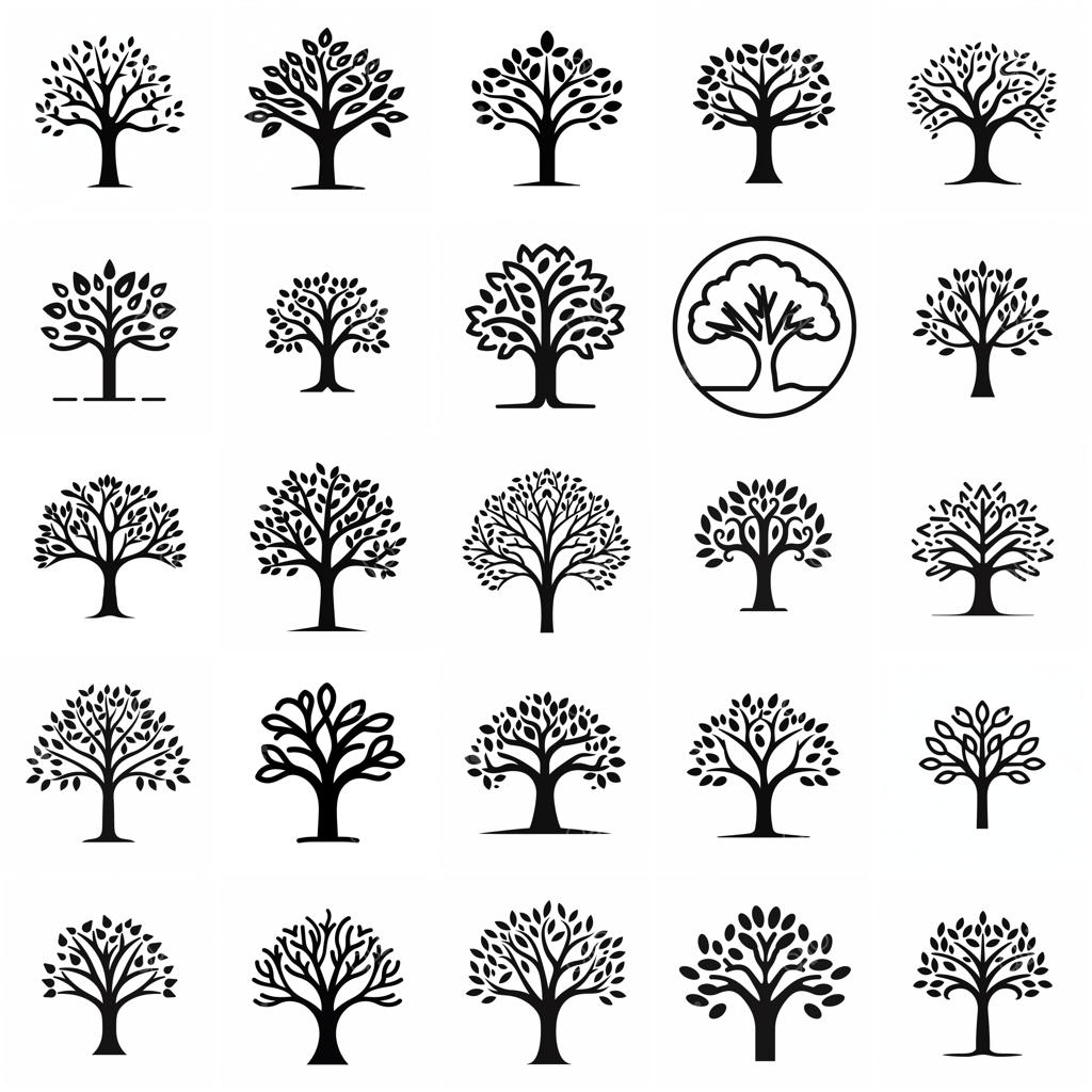 مجموعه ۲۵ آیکون شاخه درختان جنگلی با طرح خطی مشکی