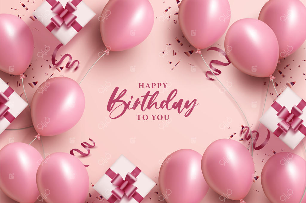 پس‌زمینه تولد مبارک با بادکنک‌های صورتی و جعبه هدیه