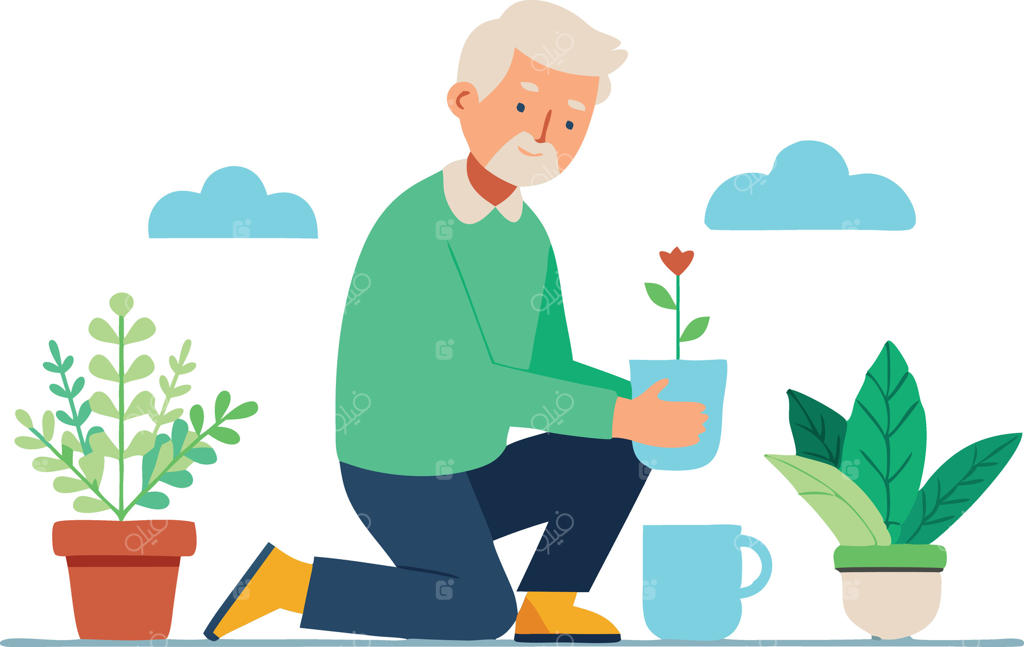 مرد سالخورده‌ای که در باغچه آفتابی به گل‌ها و گیاهان رسیدگی می‌کند