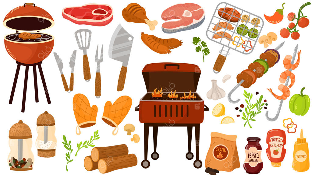 مجموعه المان‌های باربیکیو و تجهیزات کباب‌پزی شامل گریل، زغال، منقل، سیخ، سوسیس، ماهی، ادویه، مرغ و گوشت؛ تصویرسازی وکتور فلت با طرح دستی در زمینه سفید