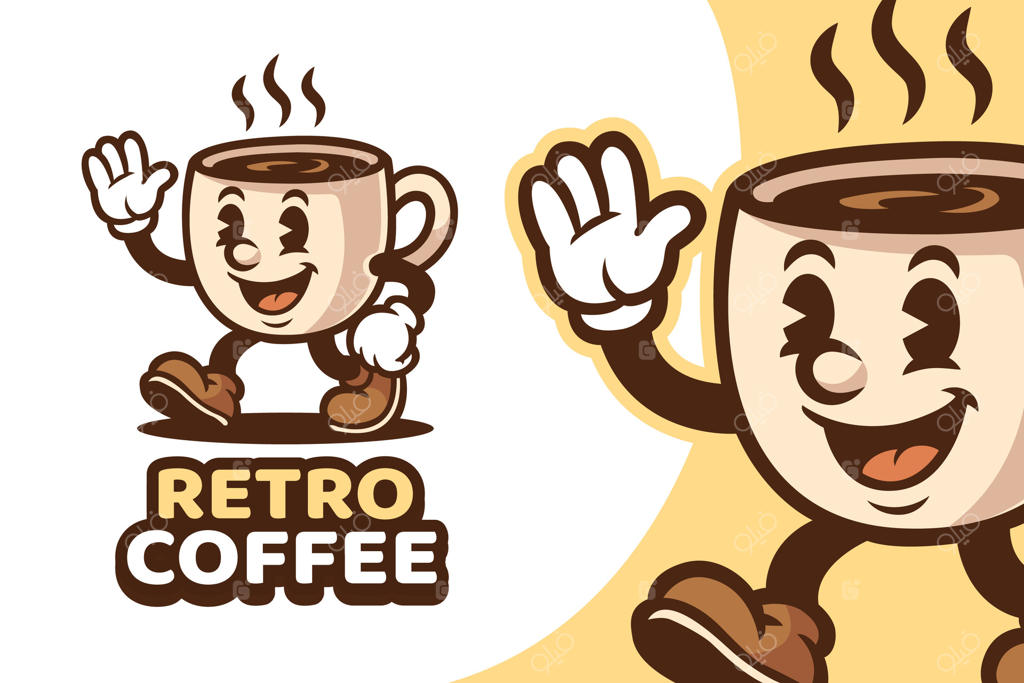 لوگوی نوستالژیک فنجان قهوه برای کافه و قهوه‌خانه - طراحی شخصیت کارتونی به سبک قدیمی