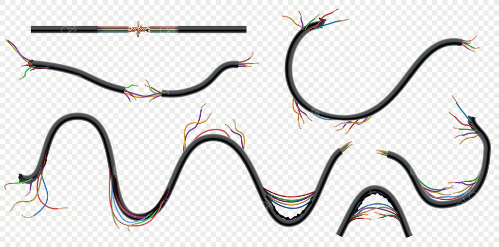 سیم‌های برق مسی شکسته و پاره شده واقعی. کابل‌های آسیب‌دیده با برش‌ها. قطع اتصال کابل‌های ارتباطی. مجموعه سیم‌های برق خطرناک به صورت وکتور