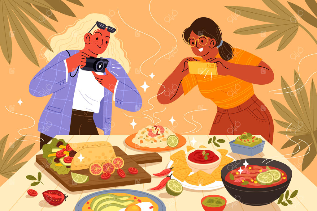 طراحی تخت افرادی در حال عکاسی از غذا