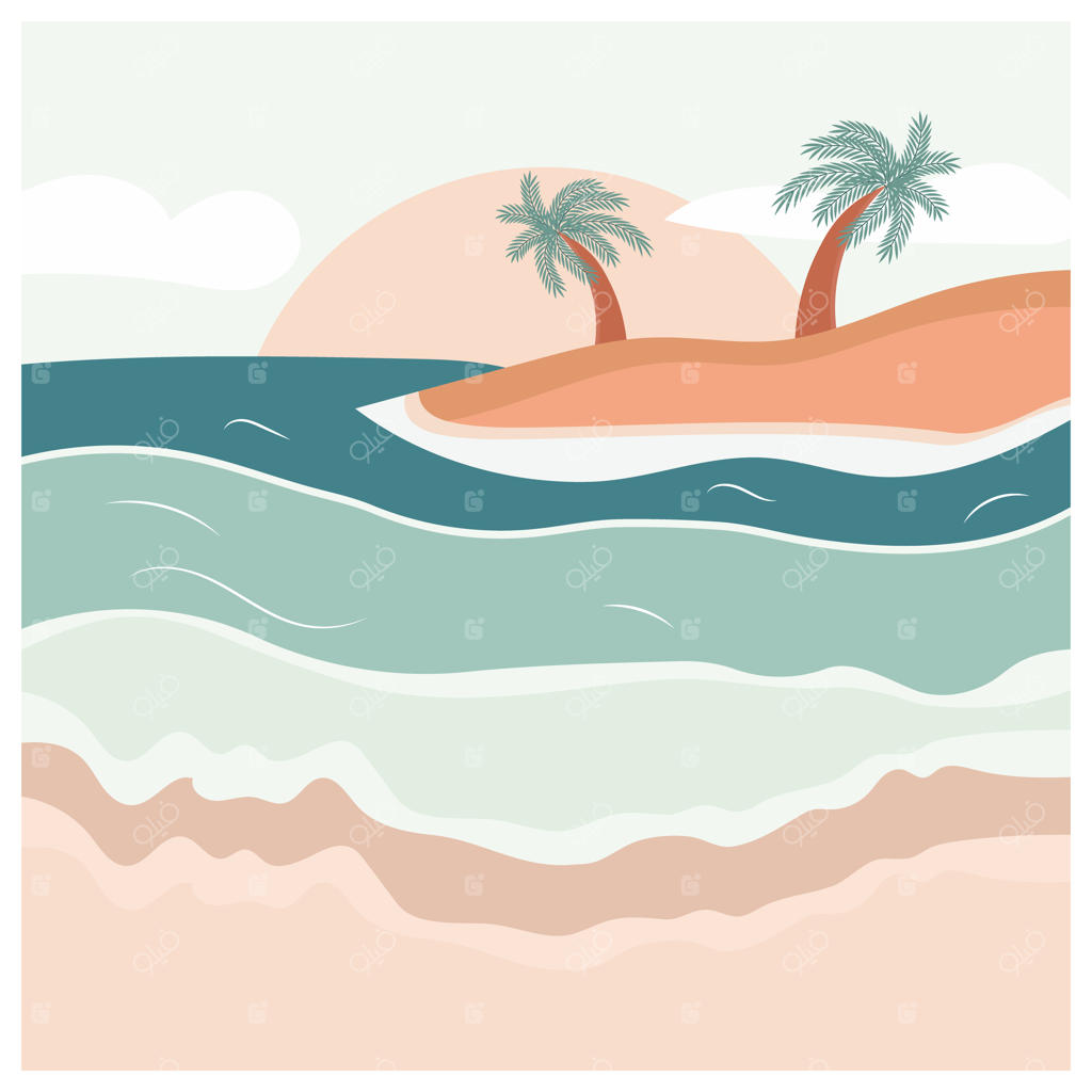 تصویر تابستانی؛ درختان نخل در جزیره‌ای بهشتی، دریایی با رنگ‌های پاستلی و خورشید درخشان