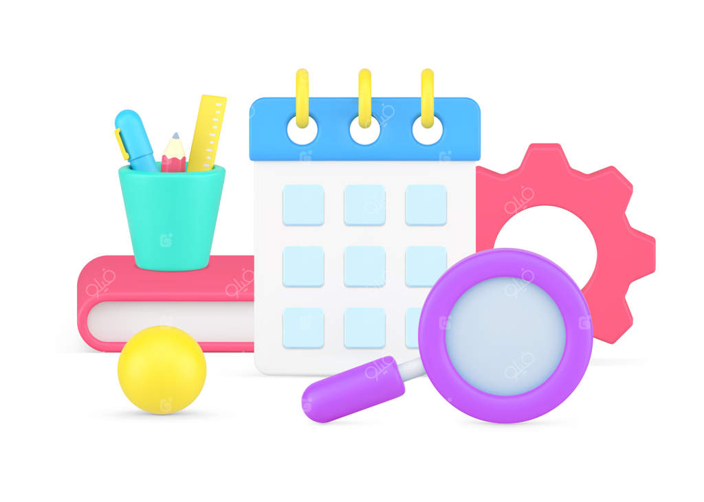 برنامه‌ریزی کار با جدول زمان‌بندی و ذره‌بین: مدیریت زمان و استراتژی توسعه در مطالعه یا کسب‌وکار - تصویرسازی سه‌بعدی وکتور