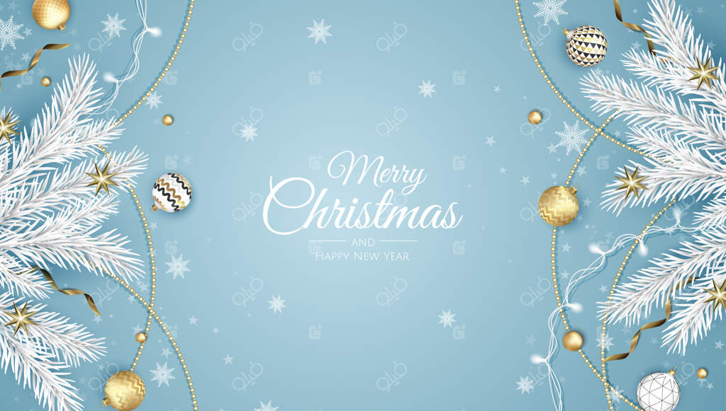 کریسمس مبارک و سال نو مبارک. زمینه کریسمس با گل شب‌بو، دانه‌های برف، ستاره و توپ‌ها. کارت تبریک، بنر تعطیلات، پوستر وب.